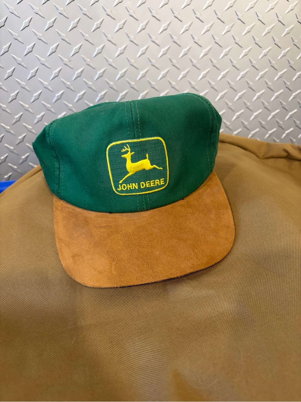 Vintage John Deere Hat Snapback Suede Brim K-Products Made in USA Farm Cap Green
